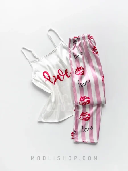 ست دو تیکه تاپ و شلوار ساتن سفید Love